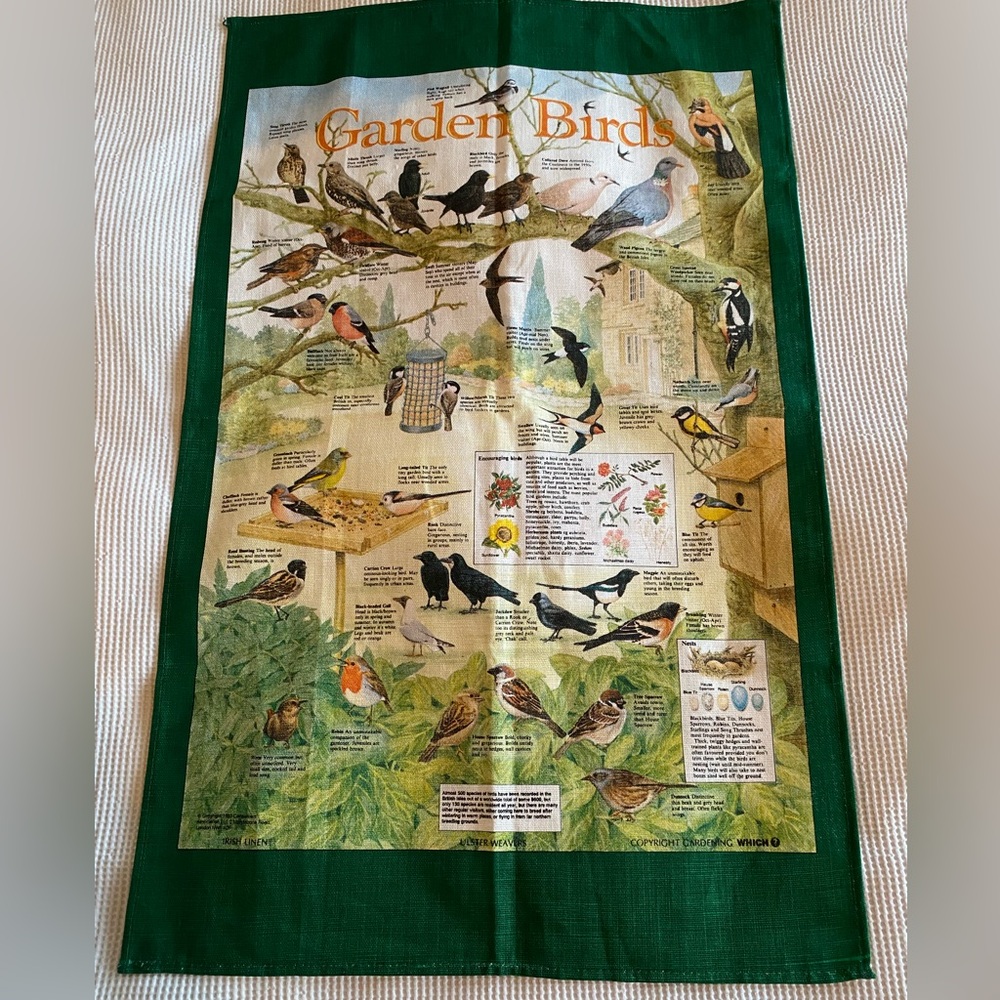 Garden Birds Green Irish Linen Tea Towel